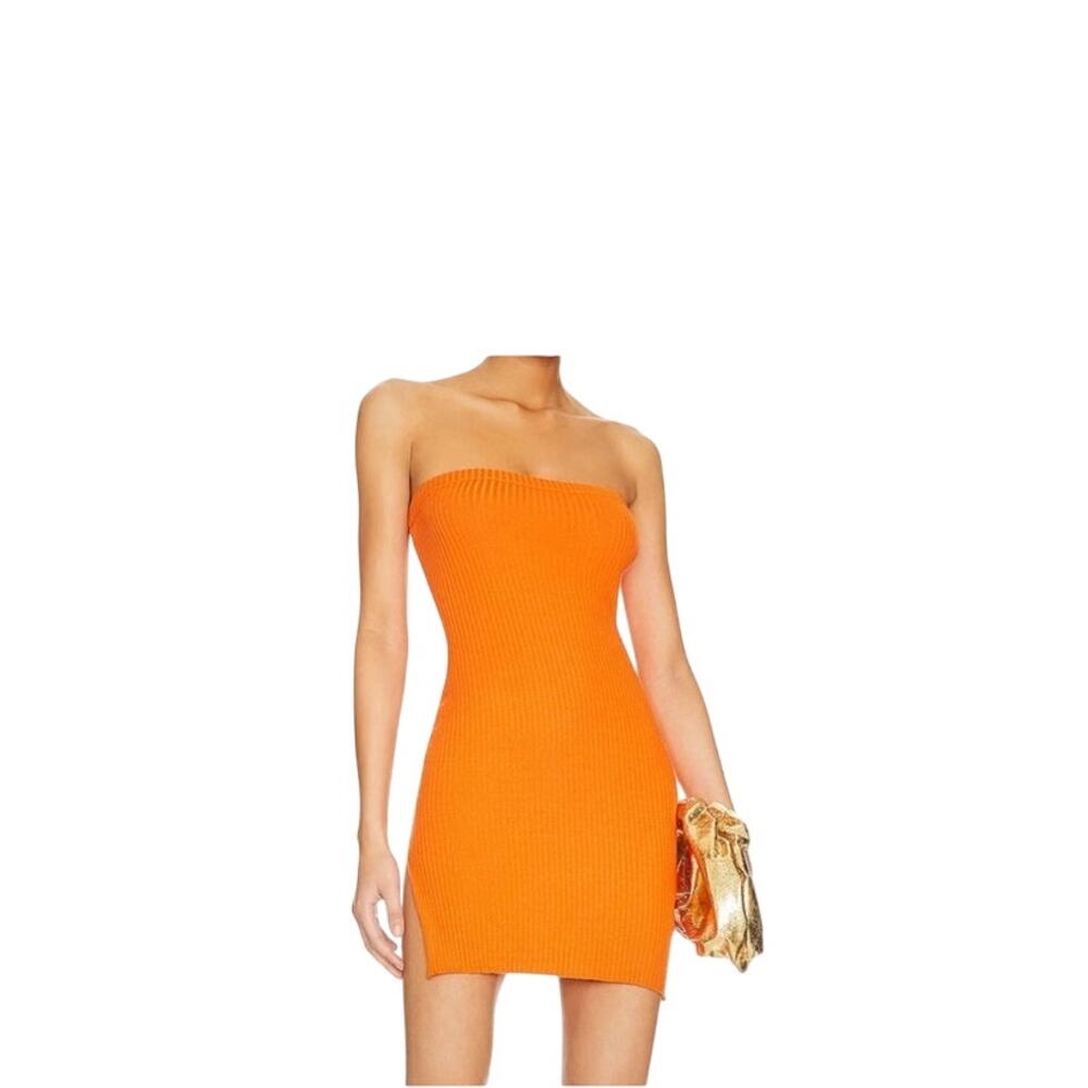 h:ours Victoria Strapless Ribbed Knit Bodycon Tube Mini Dress Orange Coquette, S